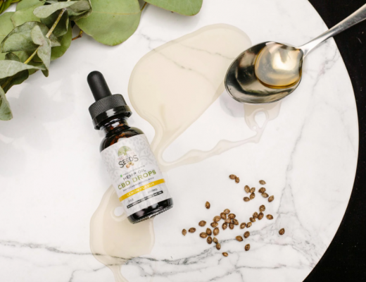 CBD Bottle and Hemp Seeds on a Plate