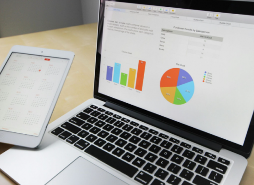 Laptop with A Bar Chart and Circle Graph on Display