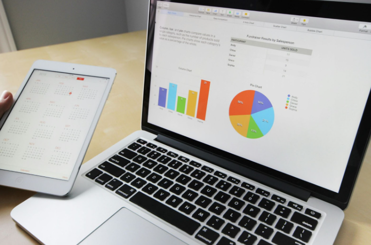 Laptop with A Bar Chart and Circle Graph on Display