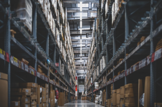 Warehouse Shelves Stocked with Boxes