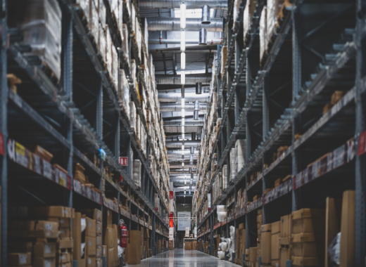 Warehouse Shelves Stocked with Boxes