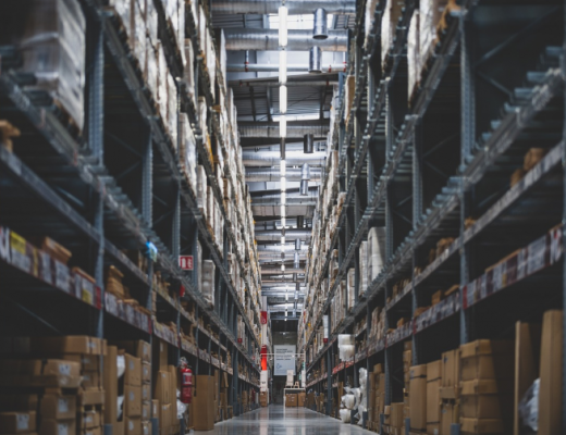 Warehouse Shelves Stocked with Boxes