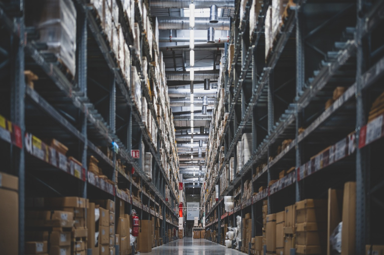 Warehouse Shelves Stocked with Boxes