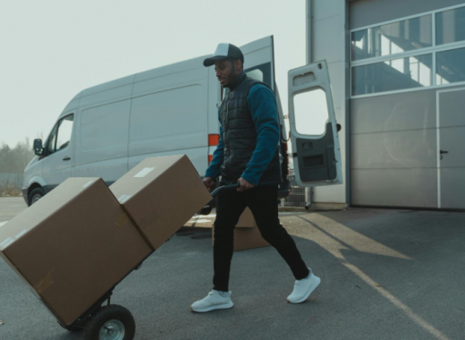 Man Pushing Moving Boxes on a Dolly