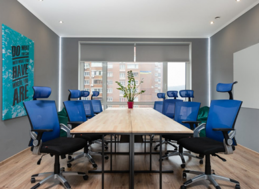 Conference Table with Bright Blue Chairs