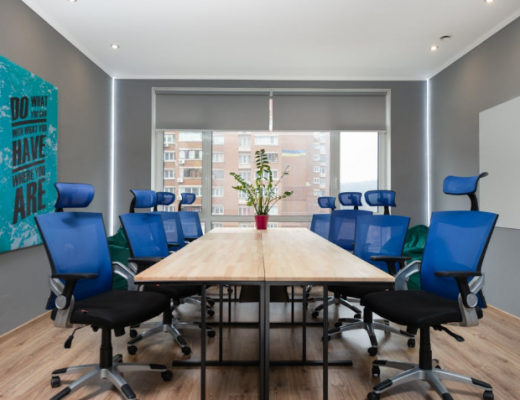 Conference Table with Bright Blue Chairs