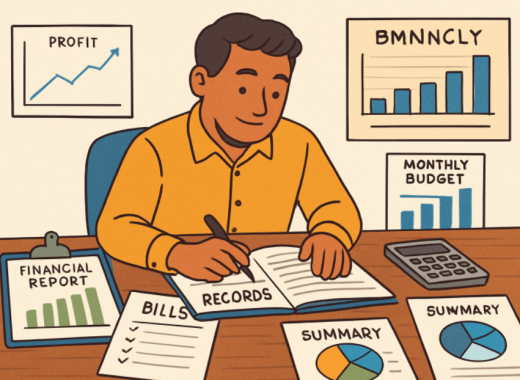 Cartoon Picture of a Business Man Sitting at His Desk and Surrounded by Paperwork