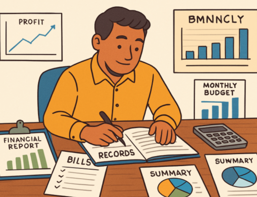 Cartoon Picture of a Business Man Sitting at His Desk and Surrounded by Paperwork