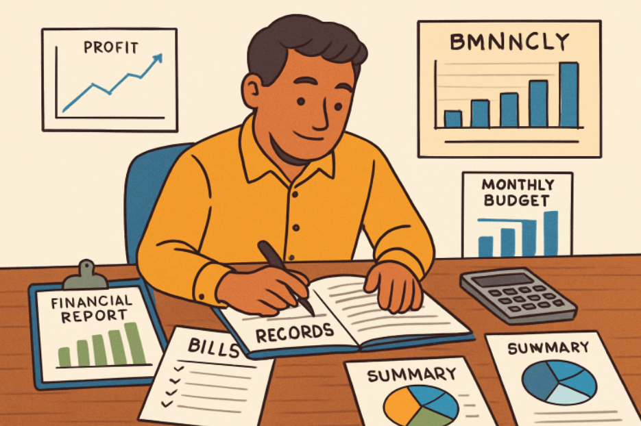 Cartoon Picture of a Business Man Sitting at His Desk and Surrounded by Paperwork