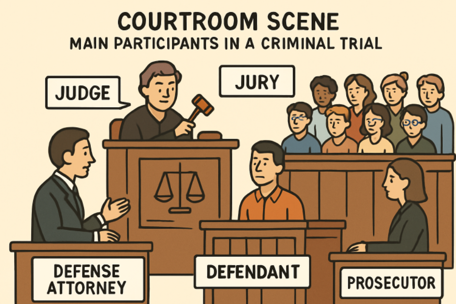 Cartoon Depiction of the Courtroom of a Criminal Trial
