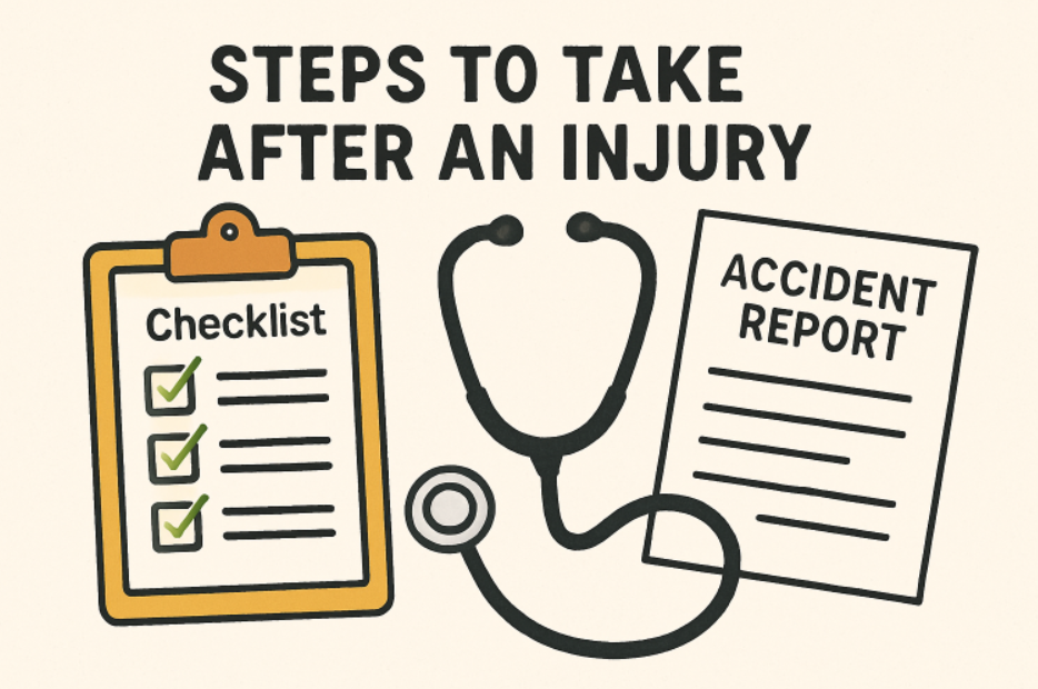 Cartoon Depiction of the Steps Someone Should Take After an Injury