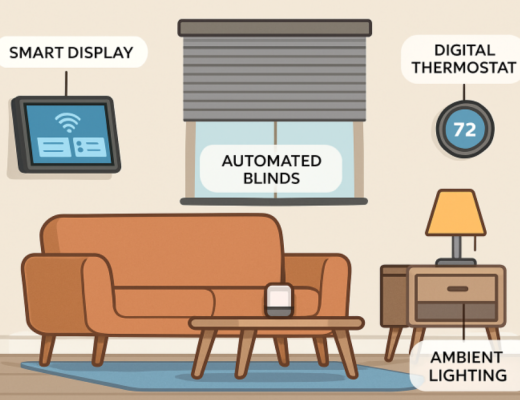 Cartoon Depiction of Smart Devices in a Living Room