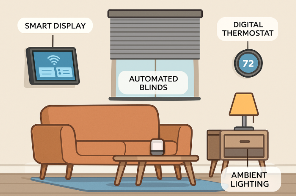 Cartoon Depiction of Smart Devices in a Living Room