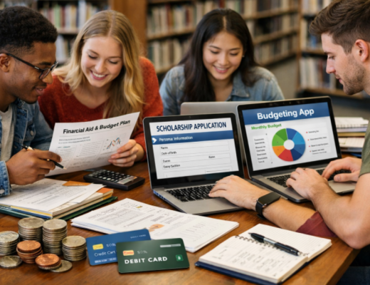4 College Students Sitting in a Library