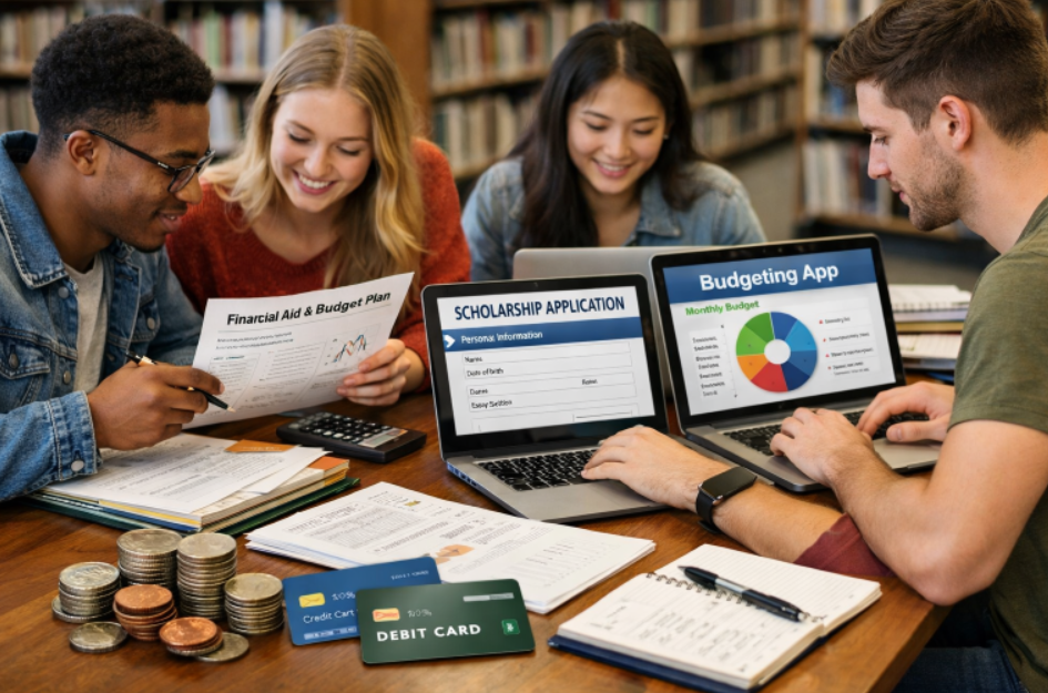 4 College Students Sitting in a Library