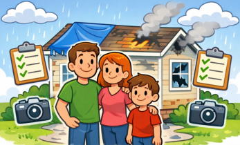 Cartoon Depiction of a Family Standing in Front of a House with Multiple Catastrophes Happening