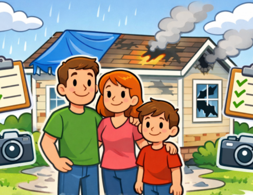 Cartoon Depiction of a Family Standing in Front of a House with Multiple Catastrophes Happening