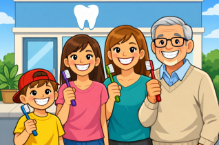Cartoon Depiction of a Family Holding Toothbrushes