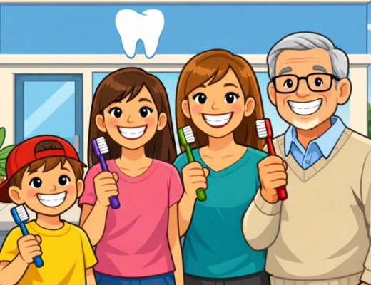 Cartoon Depiction of a Family Holding Toothbrushes