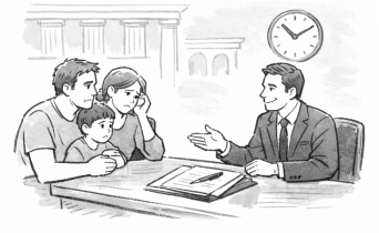 Cartoon Depiction of a Family Talking to an Attorney