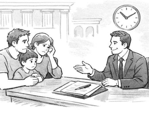 Cartoon Depiction of a Family Talking to an Attorney