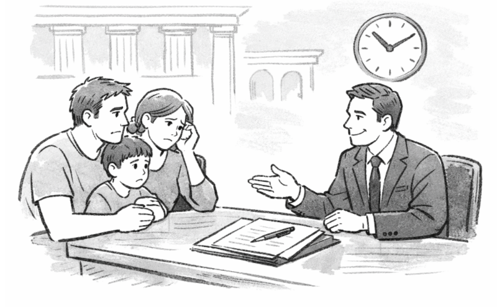 Cartoon Depiction of a Family Talking to an Attorney