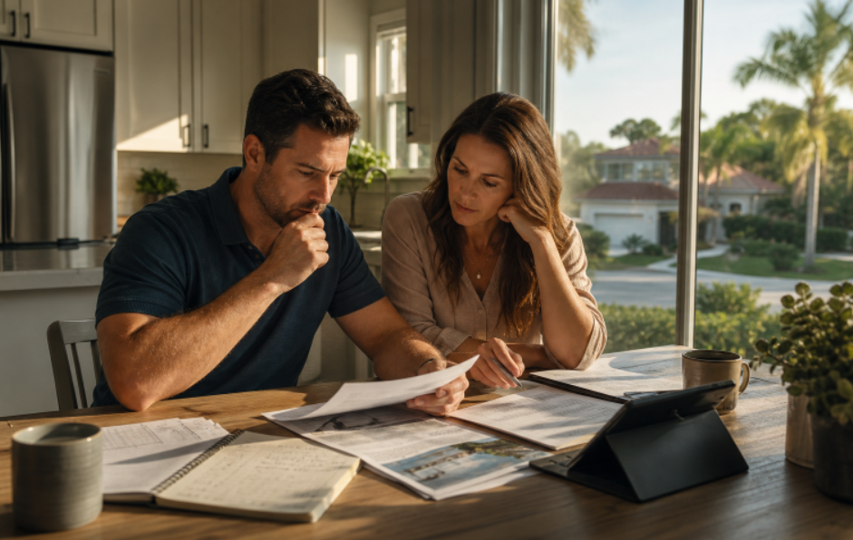 Husband and Wife Looking at Paperwork at Their Kitchen Counter