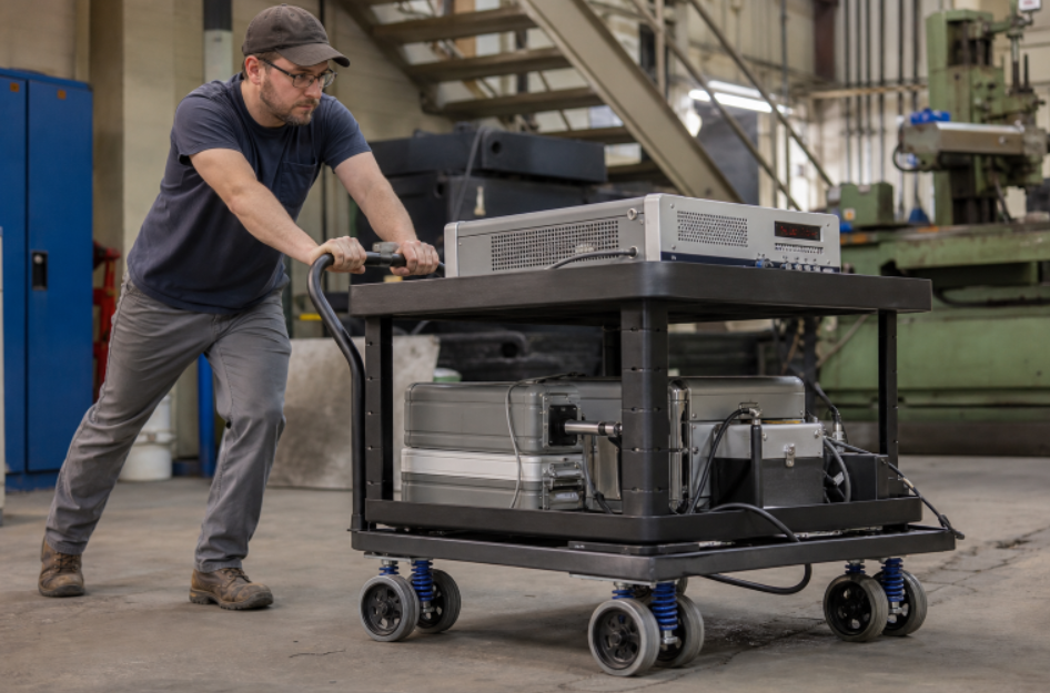 Man Pushing a Cart with Heavy AV Equipment