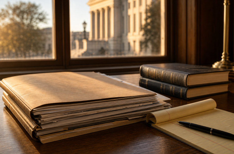 A Stack of Paperwork and A Stack of Books