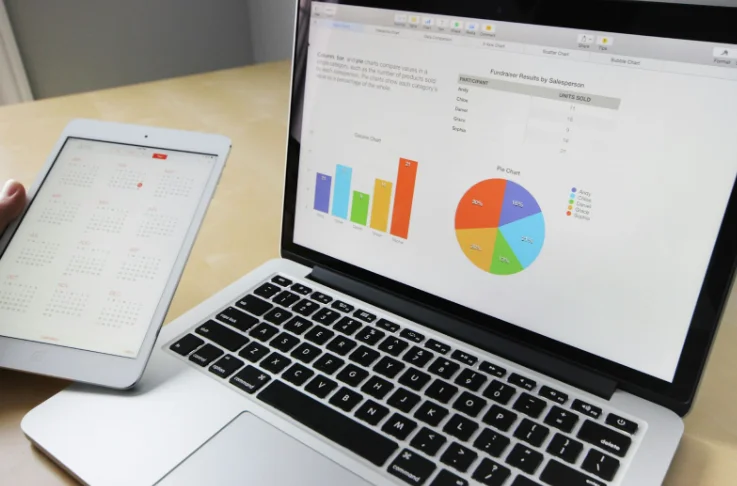 Laptop with A Bar Chart and Circle Graph on Display