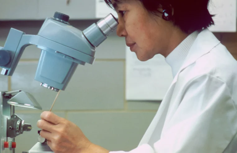 Asian Medical Researcher Looking into a Microscope