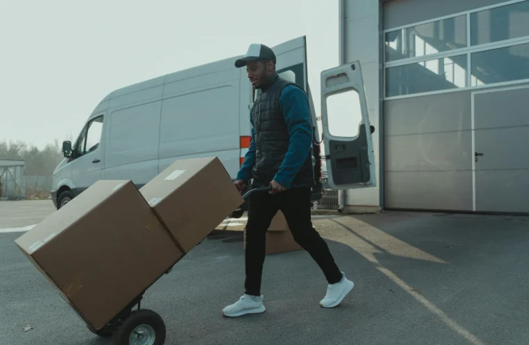 Man Pushing Moving Boxes on a Dolly