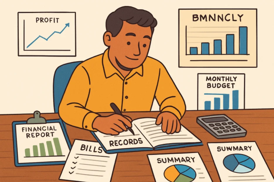 Cartoon Picture of a Business Man Sitting at His Desk and Surrounded by Paperwork