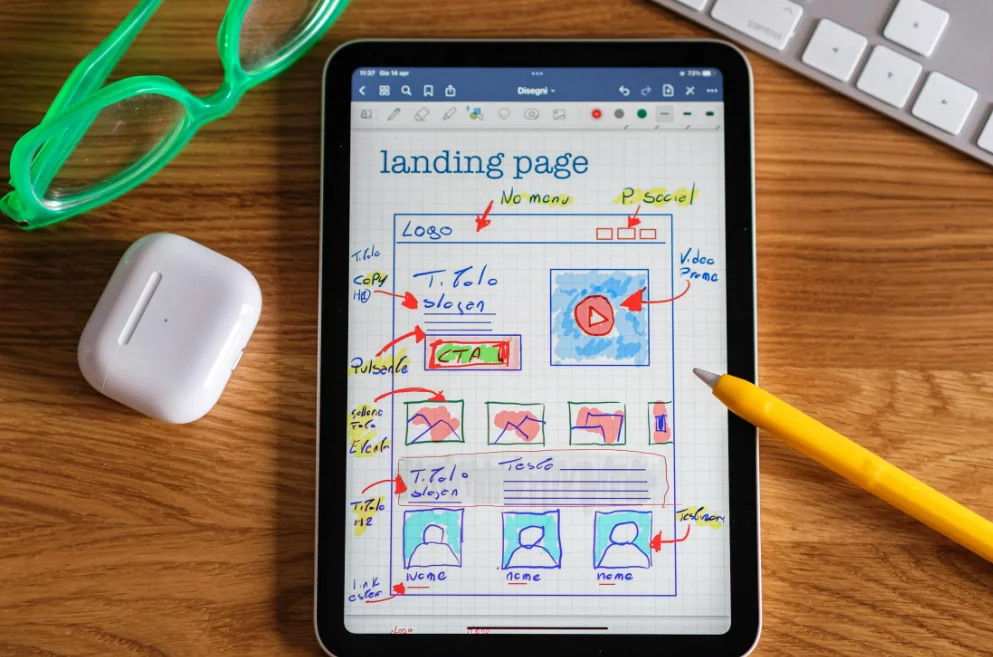 Sketched Landing Page Design on a Tablet